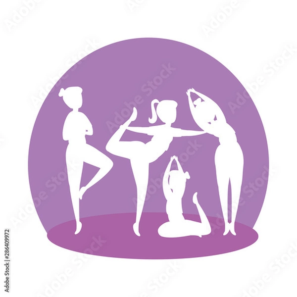 Obraz silhouette of girls group practicing pilates