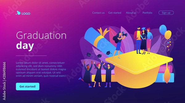 Fototapeta Graduating with friends. Proud parents with graduated student. Graduation day, getting an academic degree, graduation announcements concept. Website homepage landing web page template.