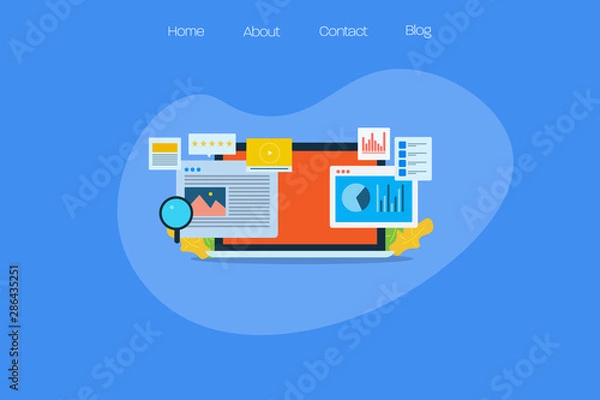 Fototapeta Content research, web data analysis, information, online business and content marketing performance monitoring, audience engagement, conversion, flat design.