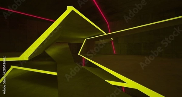 Obraz Abstract architectural concrete interior of a minimalist house with color gradient neon lighting. 3D illustration and rendering.