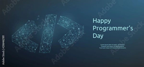 Fototapeta Happy programmer day banner or greeting card with code symbol in polygonal wireframe style. Vector illustration.