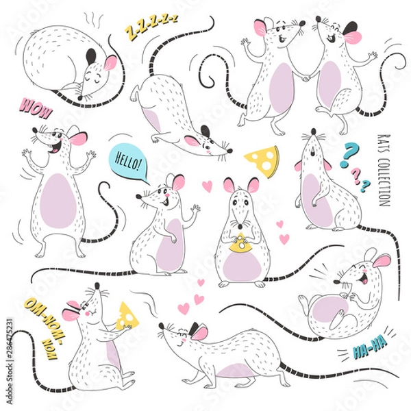 Fototapeta Doodle rats collection. Vector illustration of funny cartoon rats in various poses and actions. Isolated on white.