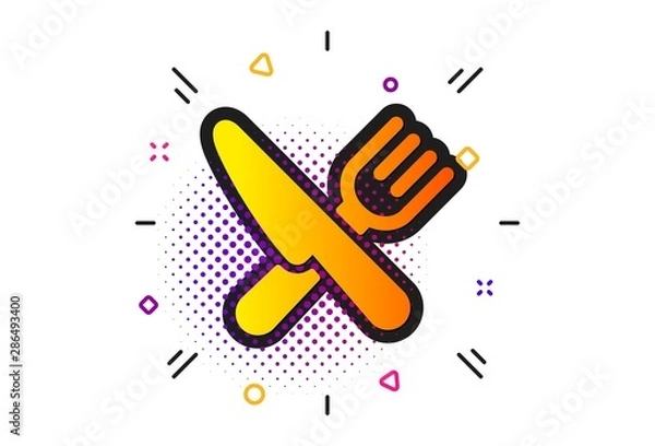 Fototapeta Cutlery sign. Halftone circles pattern. Food icon. Fork, knife symbol. Classic flat food icon. Vector