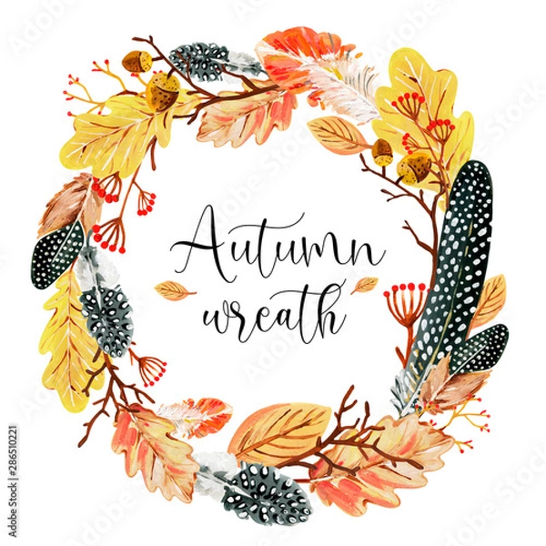 Fototapeta Hand-drawn yellow autumn circle wreath with oak leaves, acorns, berries and spotted feathers