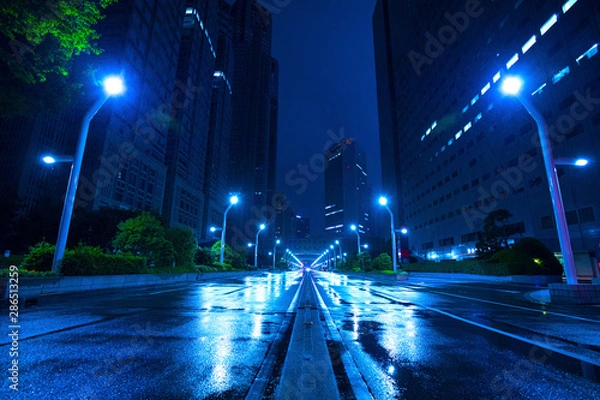 Obraz 雨の夜の新宿の道路