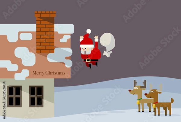 Obraz サンタが屋根から落ちているのをトナカイが見ているクリスマスカードデザイン