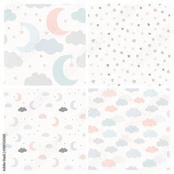 Fototapeta Night sky vector pattern set with hand drawn stars, clouds and moon. Collection of cute seamless baby background in delicate pastel colors.