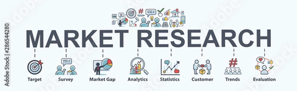Fototapeta Ikona sieci web baneru badania rynku dla marketingu biznesowego i mediów społecznościowych, celów, ankiet, luki rynkowej, klientów, trendów, analiz i statystyk. Plansza płaski wektor.