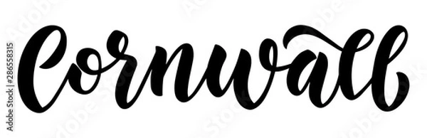 Fototapeta Cornwall. Vector hand lettering element. Neat brush lettering script for county name for posters, greeting cards, postcards, maps. Isolated black and white element.