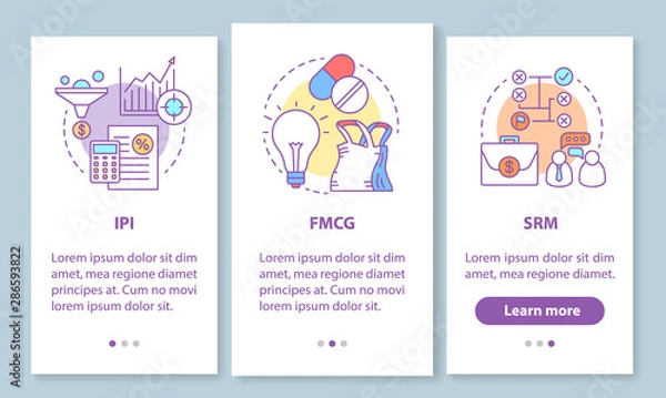 Fototapeta Industry management onboarding mobile app page screen with linear concepts. Manufacturing, IPI, FMCG, SRM walkthrough steps graphic instructions. UX, UI, GUI vector template with illustrations