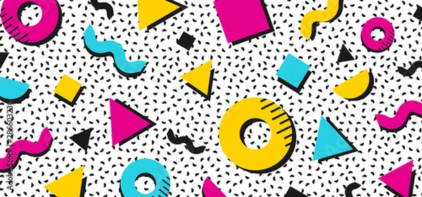 Obraz Tło w stylu lat 80-tych z wielokolorowymi geometrycznymi kształtami. Ilustracja do biodrówki w stylu Memphis