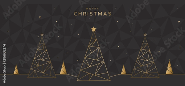 Fototapeta Geometric design with Christmas trees on the black polygonal background. Unique design for poster, greeting card, flyer