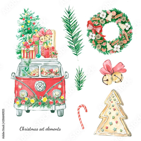 Obraz Watercolor Chrisеmas element set. Hand draw buss, tree, toys, Christmas decorations, gift boxes.