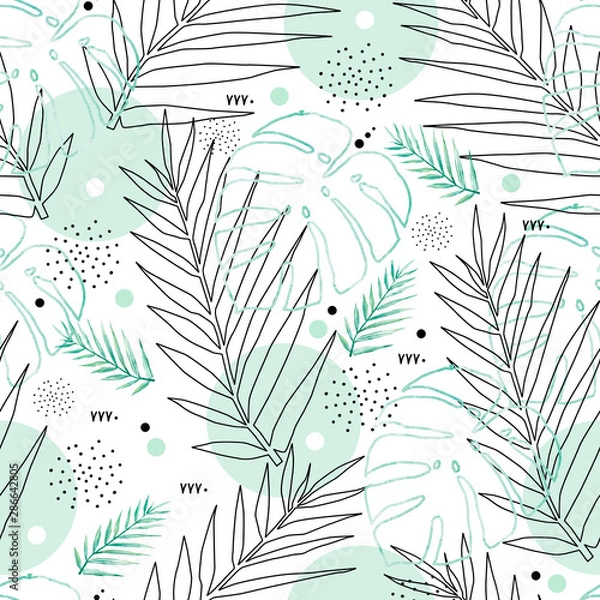 Obraz Abstract seamless pattern tropical mood with minimal shapes, watercolor tropical leaf. Art print with doodles, line, green texture. Tropical illustration for minimalism, hipster, scandinavian design