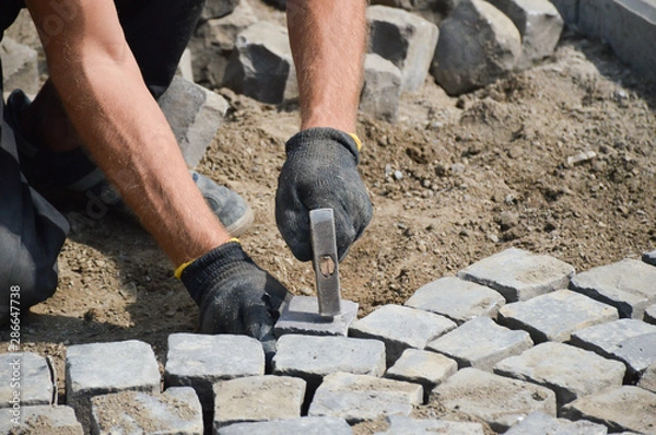 Obraz worker stacks paving stones