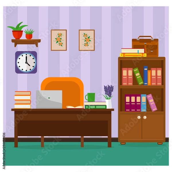 Fototapeta Cozy office with a Desk, laptop, bookcases and books. Vector illustration on the theme of the workplace interior.