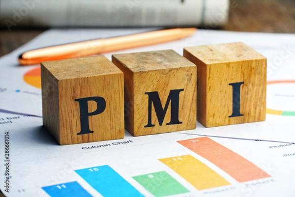 Obraz Text "PMI" on wood cube lay on chart candle document paper , economic data concept.