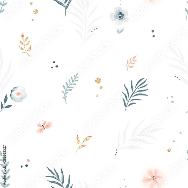Fototapeta Abstract seamless pattern with floral elements gray, indigo and peach colors. Vector minimalistic illustration with red golden decors on white background.
