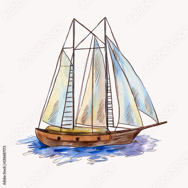 Obraz Vector watercolor sailing ship isolated on white. Seascape scene in sketch style