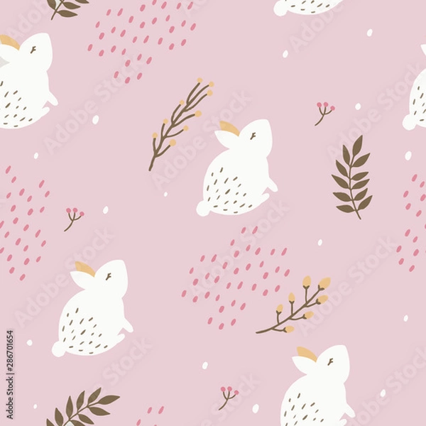 Fototapeta Seamless Cute Bunny Rabbit Pattern on Pink Pastel Background with Floral Elements.
