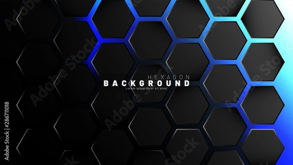 Fototapeta Abstract black hexagon pattern on blue neon background technology style. Honeycomb. Vector illustration