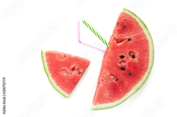 Fototapeta Slices of juicy ripe red watermelon on a white background. Fresh watermelon juice. Cocktails and soft drinks with watermelon.