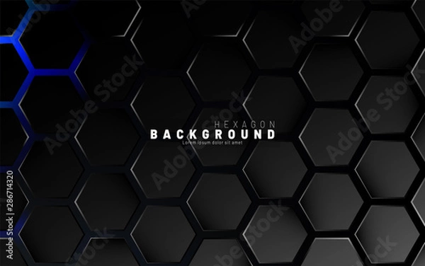 Fototapeta Abstract black hexagon pattern on blue neon background technology style. Honeycomb. Vector illustration
