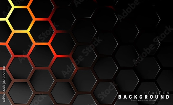 Fototapeta Abstract black hexagon pattern on neon gradient orange background technology style. Honeycomb. Vector illustration