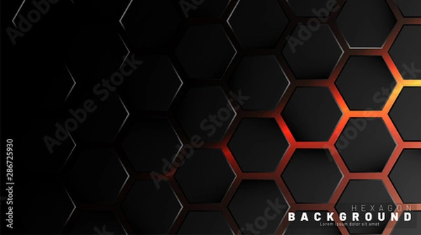 Fototapeta Abstract black hexagon pattern on neon gradient orange background technology style. Honeycomb. Vector illustration