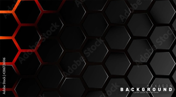 Fototapeta Abstract black hexagon pattern on neon gradient orange background technology style. Honeycomb. Vector illustration