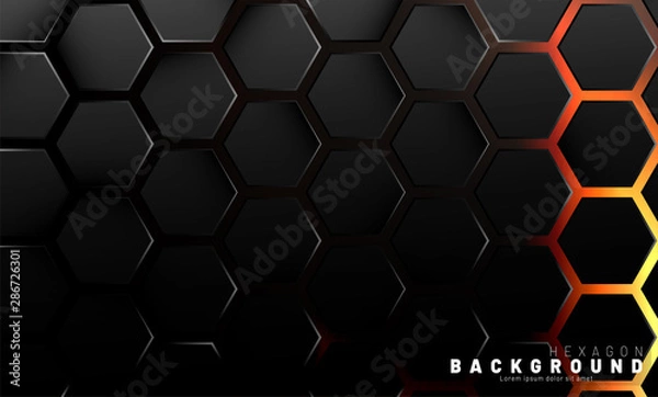 Fototapeta Abstract black hexagon pattern on neon gradient orange background technology style. Honeycomb. Vector illustration