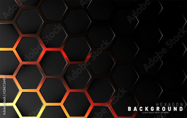 Fototapeta Abstract black hexagon pattern on neon gradient orange background technology style. Honeycomb. Vector illustration