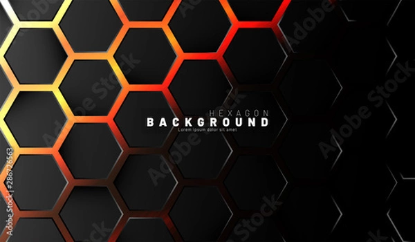 Fototapeta Abstract black hexagon pattern on neon gradient orange background technology style. Honeycomb. Vector illustration
