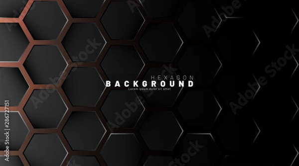 Fototapeta Abstract black hexagon pattern on neon gradient orange background technology style. Honeycomb. Vector illustration