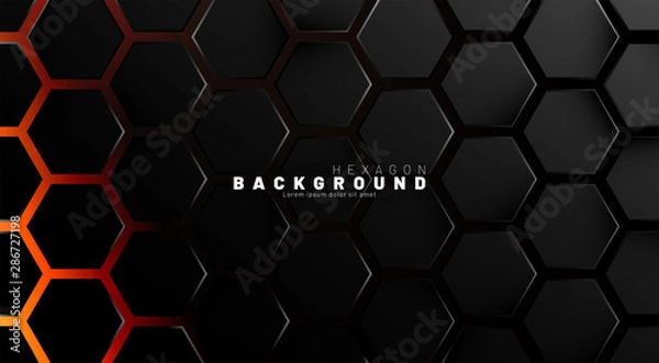 Fototapeta Abstract black hexagon pattern on neon gradient orange background technology style. Honeycomb. Vector illustration