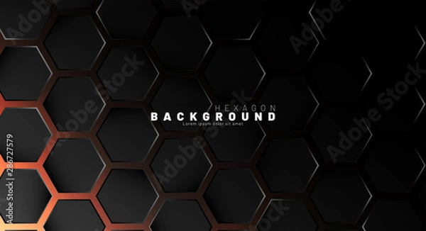 Fototapeta Abstract black hexagon pattern on neon gradient orange background technology style. Honeycomb. Vector illustration