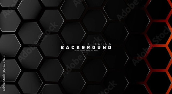 Fototapeta Abstract black hexagon pattern on neon gradient orange background technology style. Honeycomb. Vector illustration