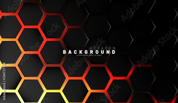 Fototapeta Abstract black hexagon pattern on neon gradient orange background technology style. Honeycomb. Vector illustration