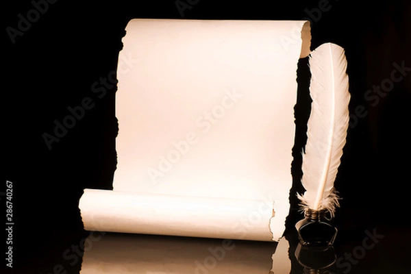 Fototapeta Unrolled papyrus scroll with inkwell and quill pen