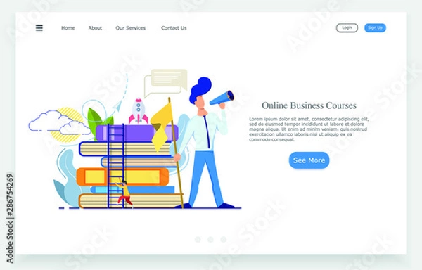 Fototapeta vector flat web illustration online business courses, a young guy with a speaker on the background of books is gaining a new team for work on projects