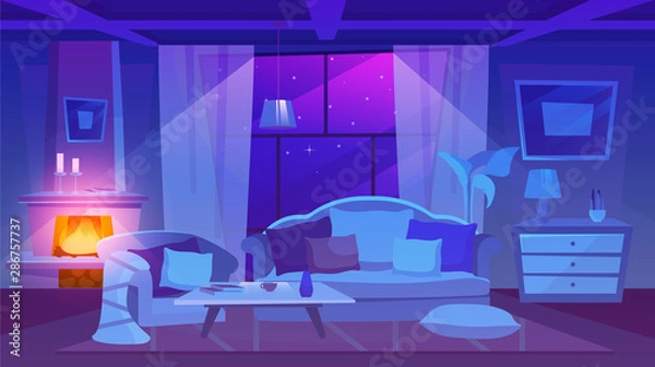 Fototapeta Living room furnishing night view flat vector illustration. Classic style dwelling place interior. Cartoon fireplace decorated with stylish candles. Elegant sofa and armchair with cushions on floor