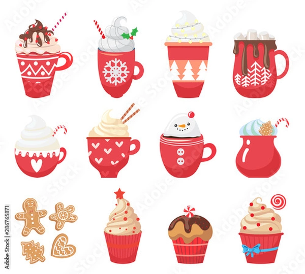 Fototapeta Set with winter hot drinks and dessert. Menu. Collection Christmas with funny cups and mug. Cacao, tea, coffee, milk, cookie, candy. Vector illustration