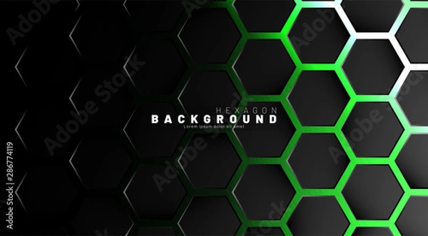 Fototapeta Abstract black hexagon pattern on green neon background technology style. Honeycomb. Vector illustration