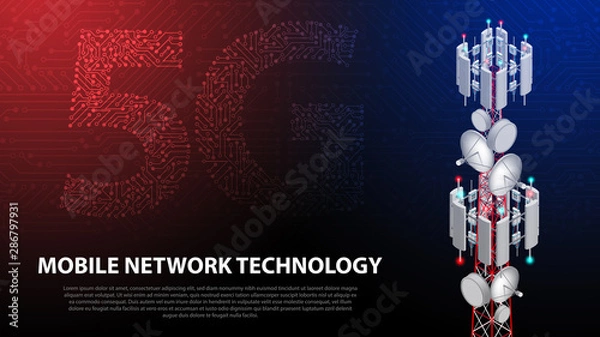 Fototapeta Mobile network technology 5G communication tower background
