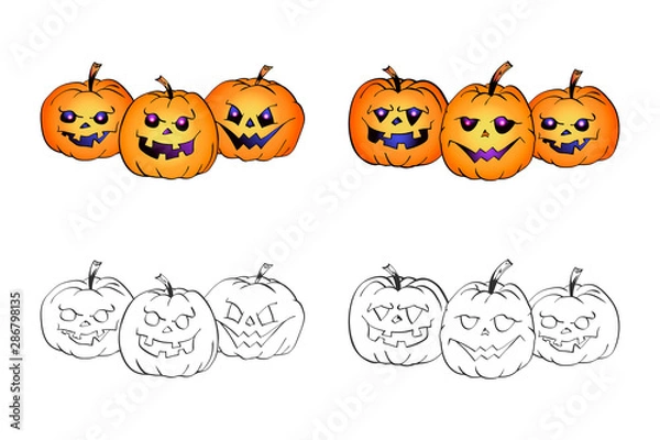Fototapeta Halloween illustration with smiling Pumpkins on a white background. Page of coloring book.