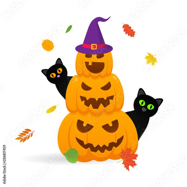 Fototapeta Pile of orange halloween pumpkins set with scary faces expression grimace. Autumn leaves with witch hat and black cats behind flat style design vector illustration isolated on white background.