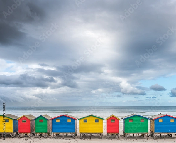 Obraz Multicolored cabins in a row on the beach at Muizenberg- South Africa