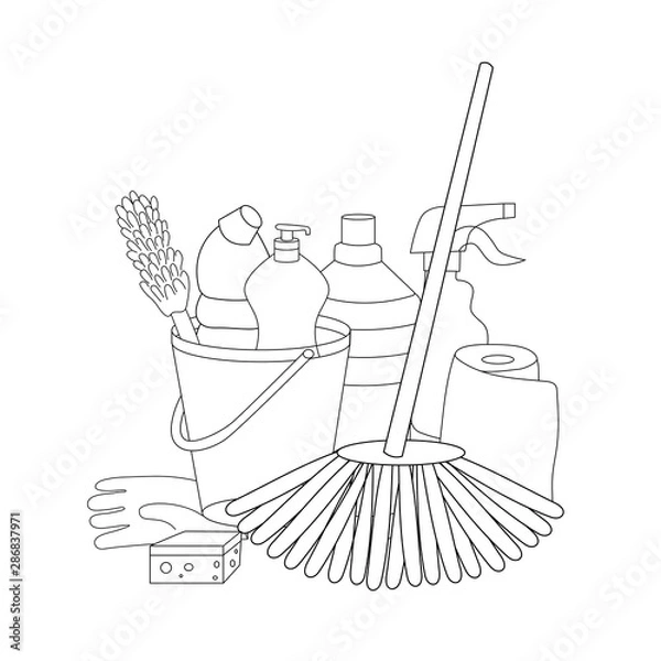 Fototapeta Sketch cleaning objects collection. Vector outline hand drawn isolated cleaning products set.