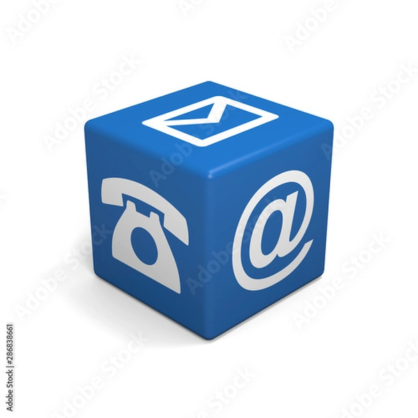 Obraz Blue cube with phone, mail and email icon on white background