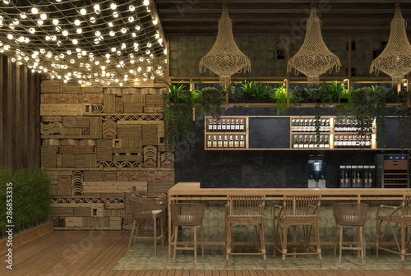 Obraz Interior design of a cafe or restaurant ethnic retro style with a bar counter and decorations of luminous garlands and wicker furniture. 3D rendering.